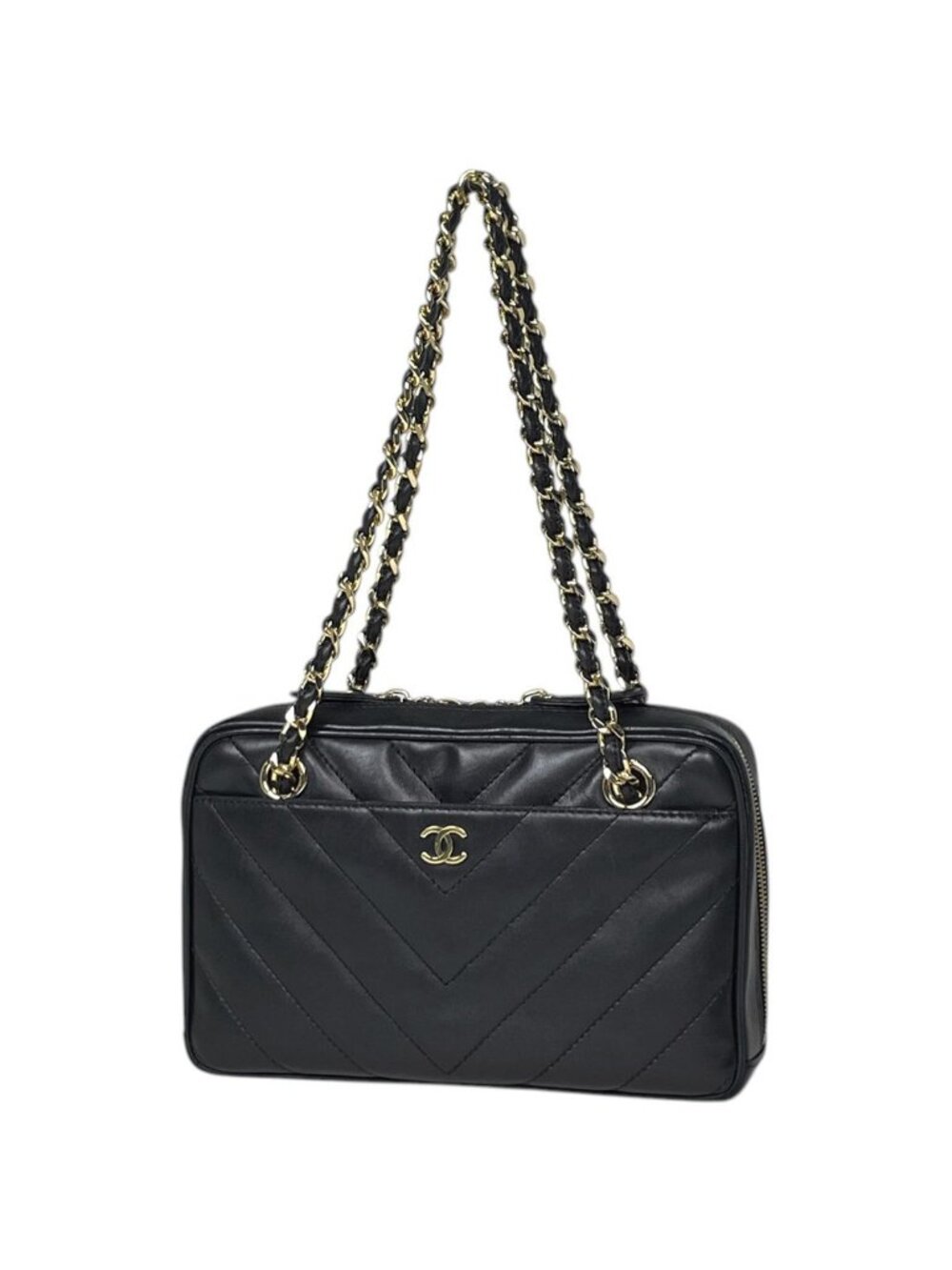 Chanel Shoulder Bag V-stitch Chevron CC Logo Leather Black